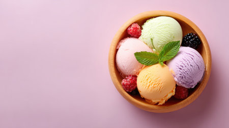 A delightful arrangement of colorful ice cream scoops in a wooden bowl, garnished with fresh berries and a mint leaf, perfect for summer enjoyment.の素材