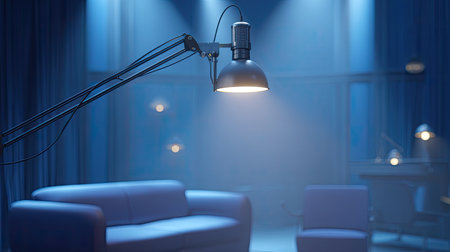 A tranquil modern living room featuring blue lighting and stylish furniture, ideal for creating a relaxing atmosphere and inspiring home design ideas.の素材