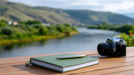 A serene composition featuring a notebook and pen beside a camera, capturing a peaceful moment by a river with green hills in the background. Perfect for creative inspiration.の素材