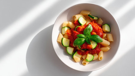 A beautifully styled bowl of pasta topped with rich tomato sauce, fresh zucchini slices, and aromatic basil leaves, showcasing a vibrant culinary creation.の素材
