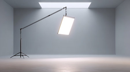 A modern studio setup featuring a versatile lighting fixture on an adjustable arm, providing soft illumination in a sleek minimalist gray space ideal for creative projects.の素材