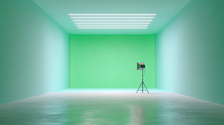 A bright and airy studio space featuring vibrant green walls and a lighting setup, perfect for creative photography and videography. Ideal for artistic projects.の素材