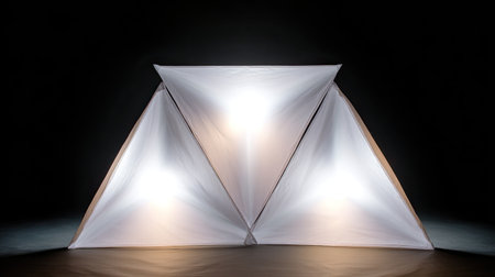 This striking image features a unique arrangement of illuminated geometric tents that evoke creativity and minimalism, ideal for backgrounds and artistic projects.の素材