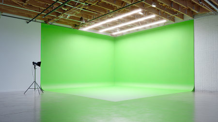 This spacious studio features a striking green backdrop ideal for various photography and videography projects, offering ample lighting and creative flexibility.の素材