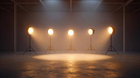 A serene studio scene featuring five vintage spotlights casting warm light across an empty space, creating soft shadows and a tranquil atmosphere ideal for photography.の素材