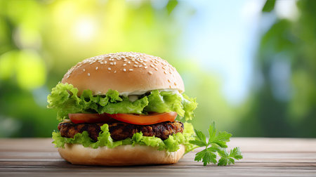 A delicious hamburger featuring fresh lettuce, ripe tomato, and savory sauce rests on a rustic wooden table, perfect for nature-inspired meal environments.の素材