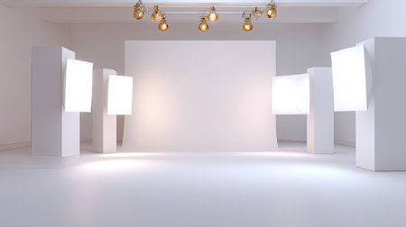 Spacious photo studio with a minimalist design featuring bright lighting and a clean backdrop. An ideal setting for creative photography or artistic presentations.の素材