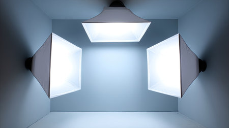 A professional lighting setup featuring three softbox lights to achieve even illumination ideal for photography or video production with minimal shadows.の素材