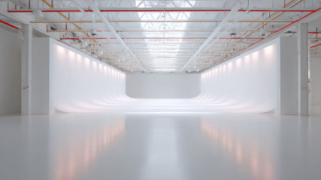 This spacious, modern studio features a minimalist design with a bright white backdrop, ideal for diverse creative projects and professional photo shoots.の素材
