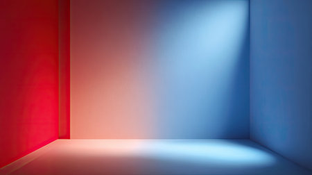 A vibrant interior scene featuring empty walls with striking red and blue lighting creating a surreal and artistic atmosphere. Perfect for creative projects and photography.の素材