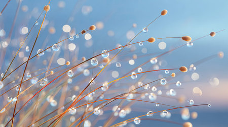 A captivating close-up of grasses adorned with sparkling dew drops, illuminated by soft light, creating a serene and tranquil outdoor atmosphere perfect for nature lovers.の素材