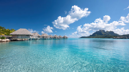 Stunning view of a tropical paradise showcasing overwater bungalows with vibrant blue waters and a picturesque mountain backdrop in Bora Bora, French Polynesia.の素材