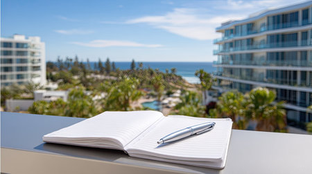 A serene balcony view overlooking the ocean showcases a notebook and pen, inviting creativity and reflection in a perfect coastal escape setting.の素材