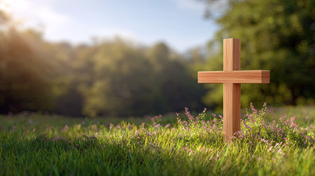 A solitary wooden cross occupies a lush green field, illuminated by soft daylight. This image captures a serene moment conveying spirituality, hope, and tranquility.の素材