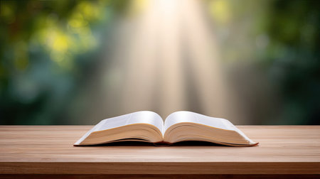 A beautifully open book rests on a smooth wooden table, illuminated by soft natural light filtering through a blurred background, evoking feelings of inspiration.の素材