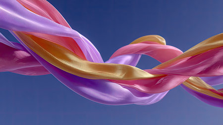 This stunning image showcases colorful ribbons flowing gracefully in shades of pink, purple, and gold, set against a serene blue sky, evoking feelings of joy and creativity.の素材