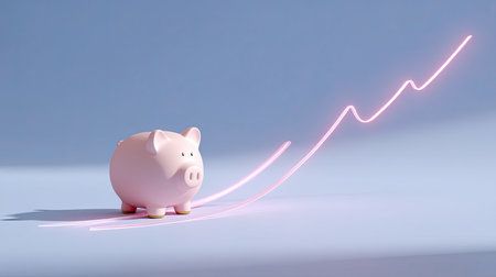 A charming piggy bank symbolizes savings with an upward trend line, illustrating financial growth and smart investment strategies for a secure future.の素材