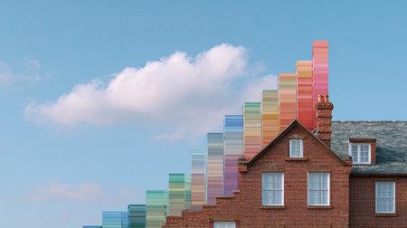 A traditional brick house features a stunning transformation with colorful vertical bars creating a unique artistic effect against a picturesque sky.の素材