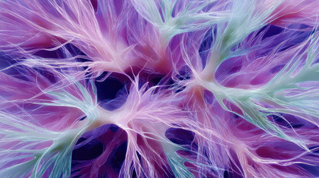 This mesmerizing abstract illustration features vibrant flowing fibers in pink and blue hues, resembling intricate neural networks against a dark background, perfect for captivating visuals.の素材