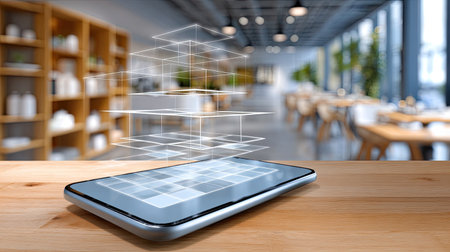 A modern smartphone rests on a wooden table, showcasing a holographic interface in a stylish cafe. The blurred background enhances the tech-driven ambiance.の素材