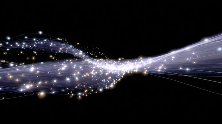 This captivating abstract image portrays a dynamic flow of light particles in a cosmic space, showcasing energy and movement with brilliant colors and sparkling effects.の素材