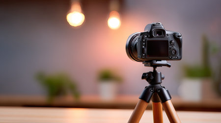 A sleek DSLR camera positioned on a stylish tripod, bathed in warm, inviting light. This image captures the essence of a photography studio, emphasizing creativity.の素材