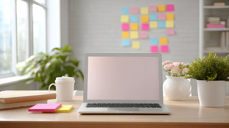 Bright and modern workspace featuring a laptop and accessories, perfect for inspiring creativity and productivity. Ideal for home office design and work setup.の素材