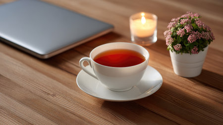A serene scene featuring a cup of tea on a saucer, a flickering candle, a small flower pot, and a laptop, all arranged on a wooden table for a cozy ambiance.の素材