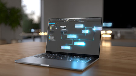 A sleek laptop reveals a detailed software flowchart on its screen, situated on a wooden desk, ideal for illustrating modern digital technology and productivity in a workspace.の素材