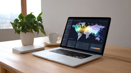 A stylish workspace showcases a laptop displaying colorful global data visualizations, accompanied by a plant and a coffee cup, ideal for productivity and inspiration.の素材