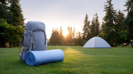 Enjoy a tranquil camping scene featuring a backpack and yoga mat set against a picturesque sunrise with a tent, perfect for outdoor enthusiasts seeking adventure.の素材
