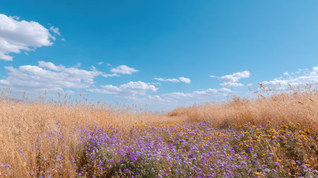 A picturesque meadow adorned with vibrant wildflowers under a clear blue sky filled with fluffy clouds. This serene landscape captures the tranquility of nature.の素材