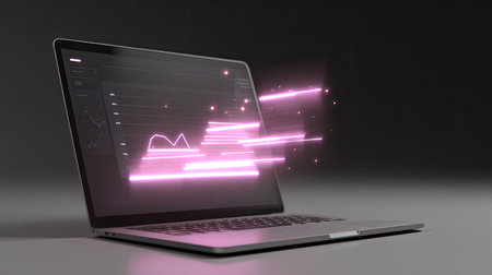 A modern laptop showcasing dynamic data visualizations with neon pink highlights in a minimalist setting, representing advanced technology and performance analytics.の素材