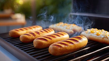 Sizzling hot dogs on the grill, releasing savory smoke and inviting aroma. Perfect for summer barbecues, outdoor gatherings, and mouthwatering meals.の素材