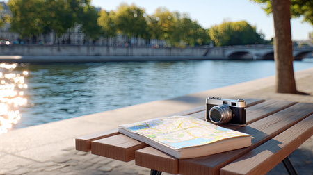 A beautiful riverside setting showcasing a vintage camera and a map on a wooden table. The bright sunlight and greenery create a perfect atmosphere for travel and adventure.の素材