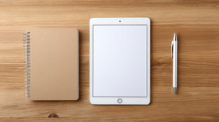A sleek and minimalist workspace featuring a notepad, a tablet, and a pen neatly arranged on a warm wooden surface, perfect for boosting productivity and creativity.の素材