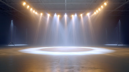 Stunning scene of an empty stage illuminated by soft spotlights, creating an ambiance perfect for performances. Capture the mood of creativity and artistry in this space.の素材