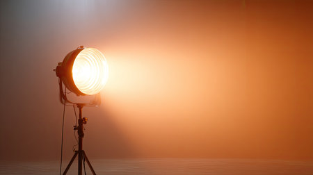 A bright spotlight shines in a dark studio, casting a warm and dramatic glow. Ideal for photography and film production, this image captures captivating lighting effects.の素材