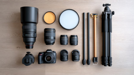Display of camera and photography equipment on a wooden surface, showcasing essential tools for capturing high-quality images in various settings and creative projects.の素材