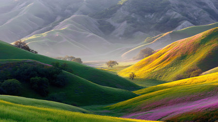 Experience the tranquility of a vibrant landscape showcasing rolling hills covered in colorful wildflowers, enveloped in soft morning mist. Perfect for nature lovers.の素材