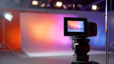 A professional camera positioned in a photo studio setup with a colorful backdrop and soft lighting, emphasizing the tools and creativity of photography.の素材