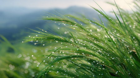 A stunning close-up of dew-covered grass blades glistening in the morning light, creating a serene and refreshing atmosphere among a softly blurred landscape.の素材