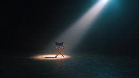 An empty director's chair sits under a solitary spotlight in a dark environment, evoking themes of creativity and the essence of filmmaking. Perfect for artistic projects.の素材