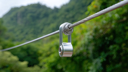A detailed view of a sleek silver pulley on a sturdy cable above a stunning green landscape, showcasing the connection between natural beauty and human engineering.の素材