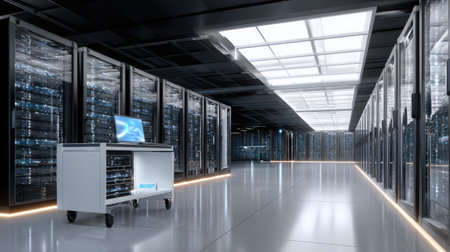 A sleek and modern data center featuring numerous server racks and a workstation on wheels, designed for optimal performance and efficiency in digital operations.の素材