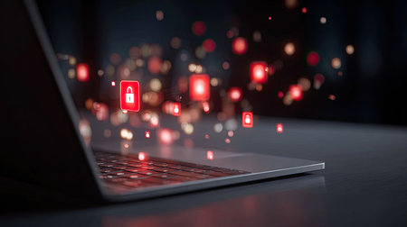 This image depicts a laptop surrounded by glowing lock icons, symbolizing digital security and data protection amid the challenges of modern cybersecurity.の素材