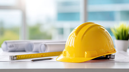 A bright yellow hard hat rests on construction plans beside a ruler and pen, set in a modern office environment, symbolizing safety and project planning.の素材