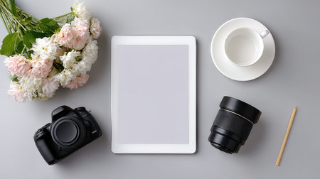 A stylish flat lay arrangement featuring a camera, tablet, coffee cup, flowers, and a pen on a soft grey background, perfect for creative projects and inspiration.の素材