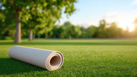A yoga mat rests on lush green grass, illuminated by soft morning sunlight. This peaceful outdoor setting invites relaxation and mindfulness practices. Perfect for wellness enthusiasts.の素材