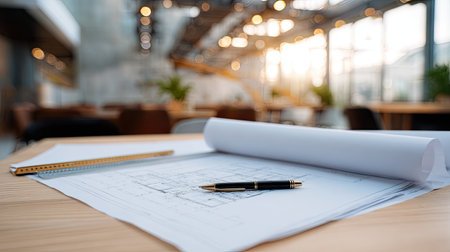 A detailed view of architectural blueprints spread on a wooden desk, featuring a pen and ruler, all set in a stylish and well-lit modern workspace.の素材